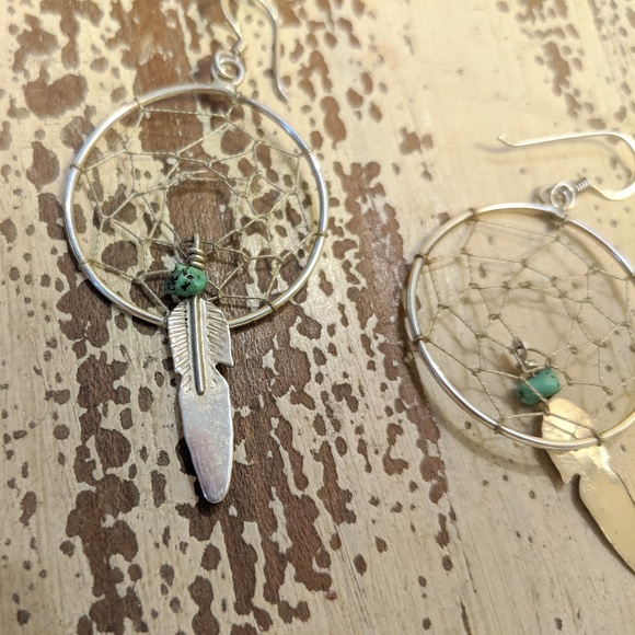 🦅 Vintage Dream Catcher Earrings Native American Sterling Silver Turquoise - Picture 2 of 5